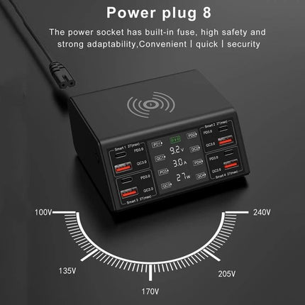 Multi-Device Charger for Daily Home and Travel Essentials - black 9-device USB Type-C and wireless charging station with digital display
