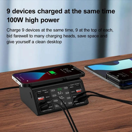 Multi-Device Charger for Daily Home and Travel Essentials showing a black charger powering multiple phones and tablets on a desk