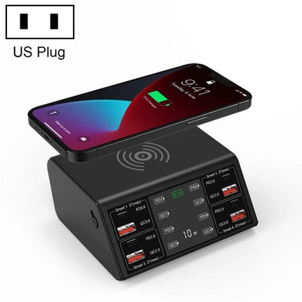 Multi-Device Charger for Daily Home and Travel Essentials black charging station with wireless pad and multiple USB Type-C ports, US plug