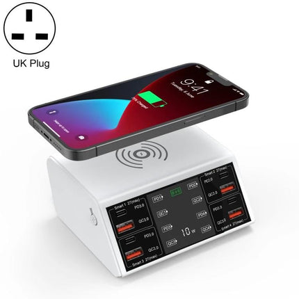 Multi-Device Charger for Daily Home and Travel Essentials showing wireless charging pad and multiple Type-C ports with UK plug