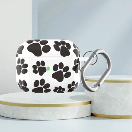 B Series Leopard Print Case for Everyday AirPods Protection - white silicone case with black paw print pattern and metal carabiner