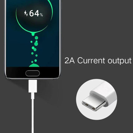 Essential USB-C Cable for Everyday Device Charging showing phone at 64% charging with reversible USB-C connector and 2A current output