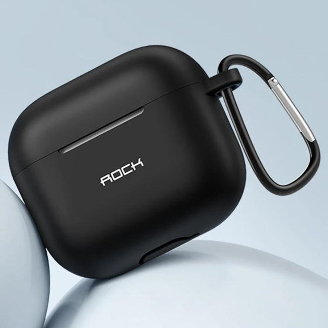 Protect Your AirPods 3 Daily with ROCK Silicone Case - black soft silicone protective cover with carabiner, 360-degree dust and impact protection