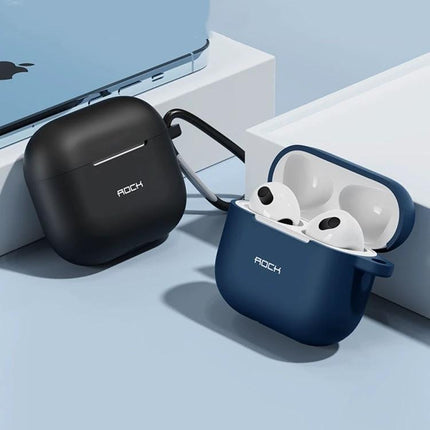 Protect Your AirPods 3 Daily with ROCK Silicone Case - navy and black silicone protective covers with carabiner, 360° drop and dust protection