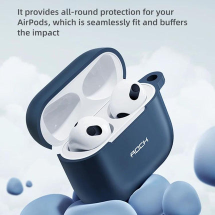 Protect Your AirPods 3 Daily with ROCK Silicone Case navy blue silicone cover showing open case with AirPods inside, 360-degree protection and easy charging