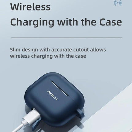 Protect Your AirPods 3 Daily with ROCK Silicone Case showing wireless charging and slim protective navy silicone cover