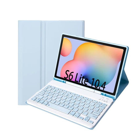 Candy Color Bluetooth Keyboard Leather Case for Samsung Galaxy Tab S6 Lite showing detachable keyboard and protective pastel case with tablet in typing position