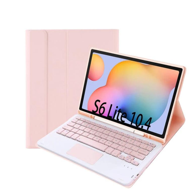Bluetooth Keyboard Case for Samsung Galaxy Tab S6 Lite with Pen Slot in pink shown open with keyboard and tablet propped up