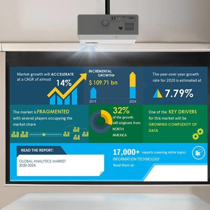 VIVIBRIGHT Full HD Digital Projector for Home Viewing projecting a 100-inch infographic screen in a moderately lit room