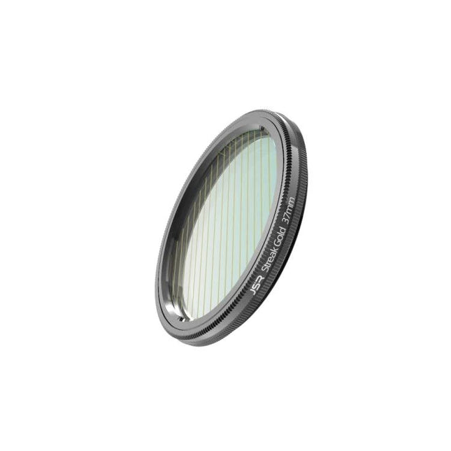JSR Starlight Camera Lens Filter for Light Streak Effects shown at angle, metal frame with vertical streak lines for cinematic night photography