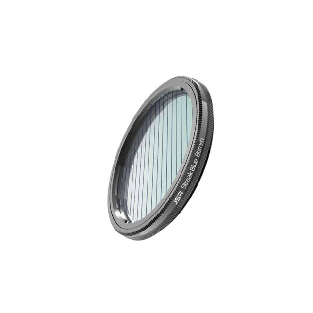 JSR Starlight Drawing Camera Lens Filter for Light Effects shown angled with cinema-style grooves producing elongated blue streaks