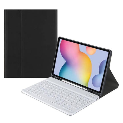 Leather Keyboard Case with Pen Slot for Samsung Galaxy Tab S6 Lite showing black leather cover, white Bluetooth keyboard and stylus slot