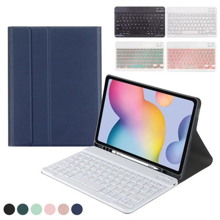 Leather Keyboard Case with Pen Slot for Samsung Galaxy Tab S6 Lite shown in navy with detachable white Bluetooth keyboard and stylus slot