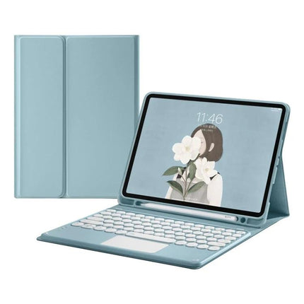 Bluetooth Leather Keyboard Case for Samsung Galaxy Tab S6 Lite in blue with detachable Bluetooth keyboard, folio cover and 10m wireless range