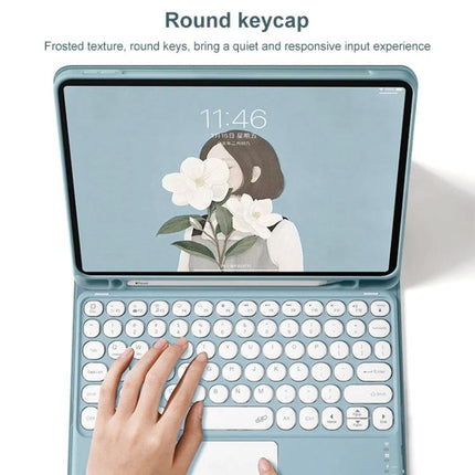Bluetooth Leather Keyboard Case for Samsung Galaxy Tab S6 Lite showing round keycap white keys and hand typing