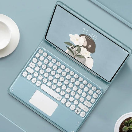 Bluetooth Leather Keyboard Case for Samsung Galaxy Tab S6 Lite in teal with round keys and built-in touchpad, shown open with tablet display