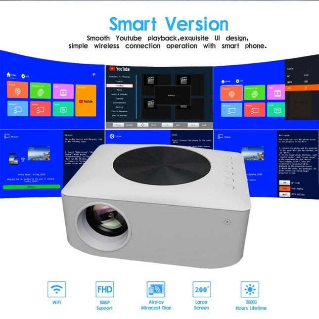 Portable Mini LCD LED Smart Projector for Home Entertainment compact white projector with smart UI and home theater icons