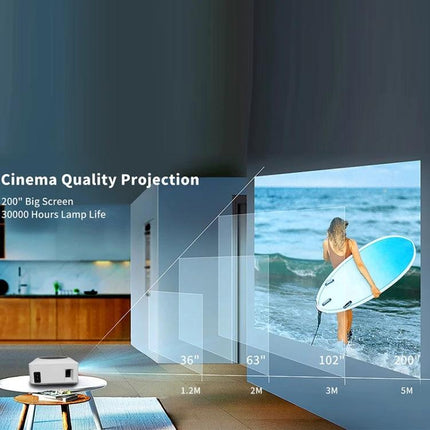 Portable Mini LCD LED Smart Projector for Home Entertainment projecting a 36-200 inch cinema-quality image in a living room