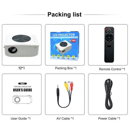 Portable Mini LCD LED Smart Projector for Home Entertainment packing list showing projector, box, remote, user guide, AV cable, and power cable