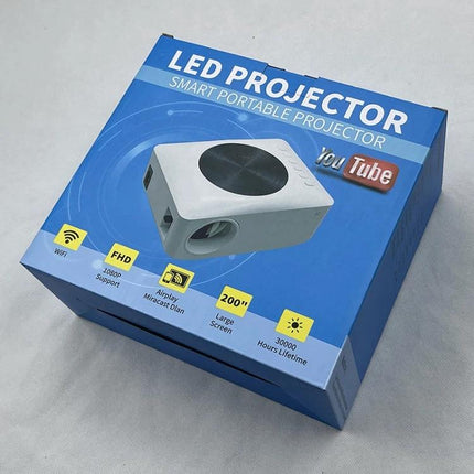 Portable Mini LCD LED Smart Projector for Home Entertainment compact white LED projector box showing features and 200" screen capability