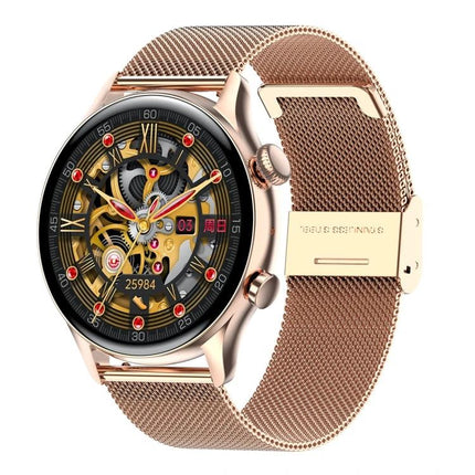 HK8Pro Smart Watch for Everyday Health and Activity Tracking in rose gold with mesh band showing activity and heart rate display