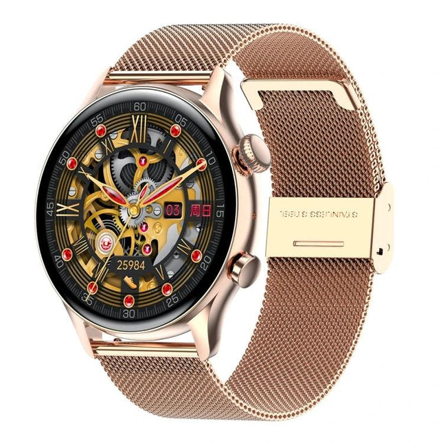 HK8Pro Smart Watch for Everyday Health and Activity Tracking in rose gold with mesh band showing activity and heart rate display