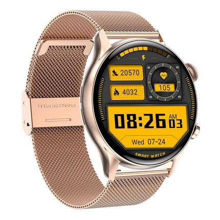 HK8Pro Smart Watch for Everyday Health and Activity Tracking - rose gold smartwatch showing steps, calories, heart rate and time display