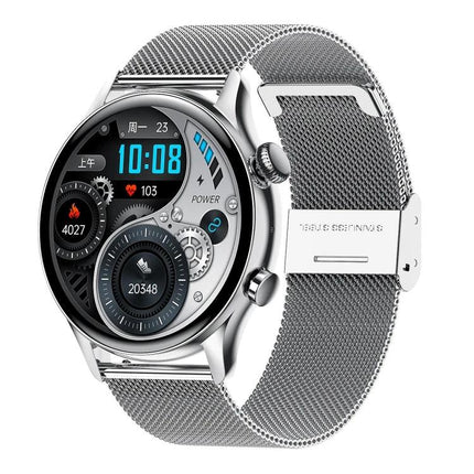 HK8Pro Smart Watch for Everyday Health and Activity Tracking showing silver mesh band, round display with step, heart rate and time widgets