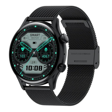 HK8Pro Smart Watch for Everyday Health and Activity Tracking - black mesh band smartwatch showing steps, heart rate and time display