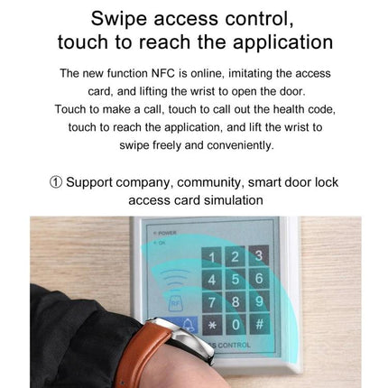 HK8Pro Smart Watch for Everyday Health and Activity Tracking showing NFC wrist swipe to unlock a door and access control
