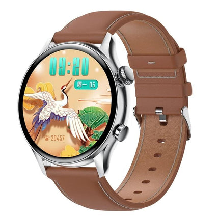 HK8Pro Smart Watch for Daily Wear and Notifications showing brown leather strap, round silver case, health tracking and call notification display