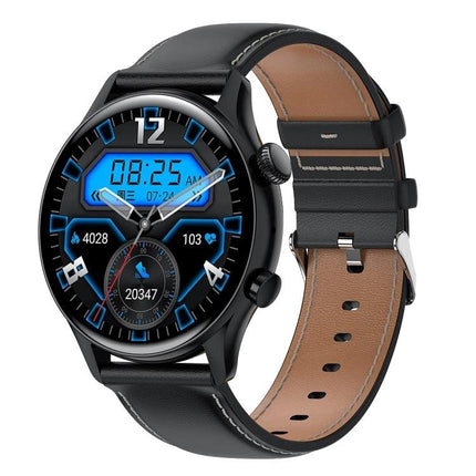 HK8Pro Smart Watch for Daily Wear and Notifications - black round smartwatch with leather strap showing heart rate, steps, time and notification display