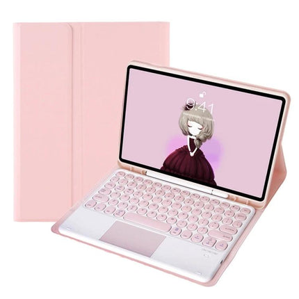 Bluetooth Keyboard Case with Touchpad for Samsung Galaxy Tabs in pink showing keyboard, touchpad and protective folio stand
