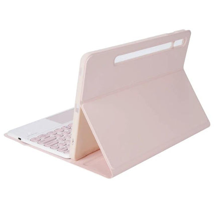 Bluetooth Keyboard Case with Touchpad for Samsung Galaxy Tabs in rose gold showing back stand and keyboard