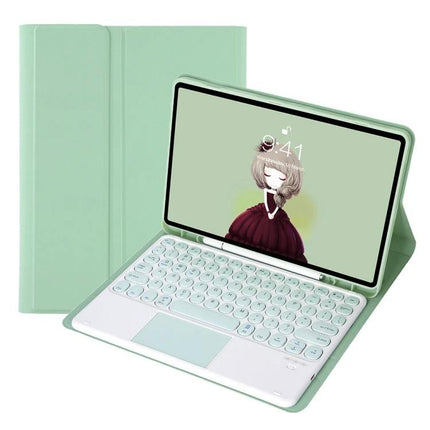 Bluetooth Keyboard Case with Touchpad for Samsung Galaxy Tabs in mint green showing keyboard, touchpad and protective folio cover