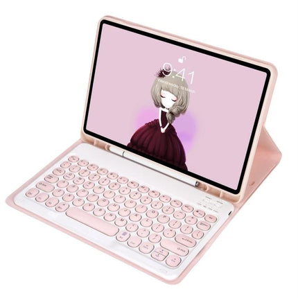 Leather Bluetooth Keyboard Case for Samsung Galaxy Tab S6 Lite 10.4 Inch in pink with built-in keyboard and stand, shown with tablet displaying lock screen