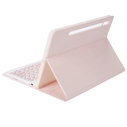 Alt Tag: Leather Bluetooth Keyboard Case for Samsung Galaxy Tab S6 Lite 10.4 Inch in pink folio showing back stand and built-in keyboard