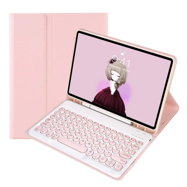 Leather Bluetooth Keyboard Case for Samsung Galaxy Tab S6 Lite 10.4 Inch in pink with detachable round-key Bluetooth keyboard and protective folio stand