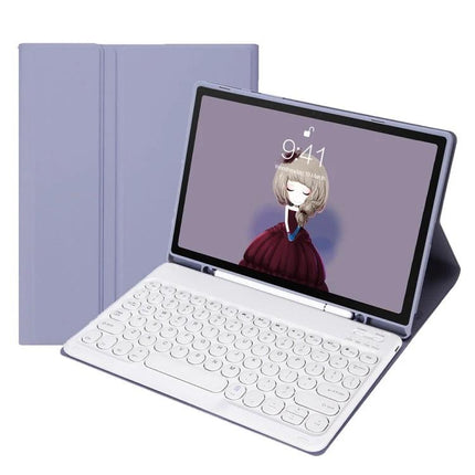 Leather Bluetooth Keyboard Case for Samsung Galaxy Tab S6 Lite 10.4 Inch with white bluetooth keyboard and lavender folio cover, shown propped for typing