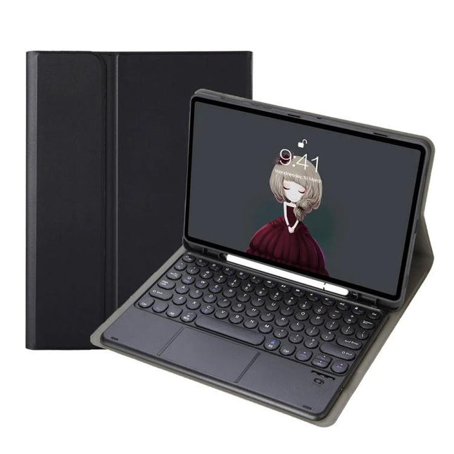 Bluetooth Keyboard Leather Case for Samsung Galaxy Tab S6 Lite showing tablet in folio case with built-in Bluetooth keyboard and stand