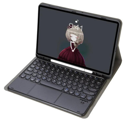 Bluetooth Keyboard Leather Case for Samsung Galaxy Tab S6 Lite shown with tablet in typing angle, integrated Bluetooth keyboard and protective leather cover