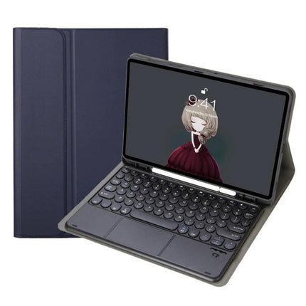 Bluetooth Keyboard Leather Case for Samsung Galaxy Tab S6 Lite showing navy folio case with detachable Bluetooth keyboard and tablet in typing position