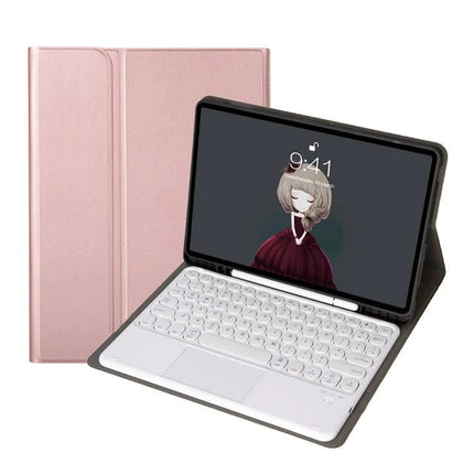Bluetooth Keyboard Leather Case for Samsung Galaxy Tab S6 Lite shown in rose gold with Bluetooth keyboard and tablet stand for portable typing