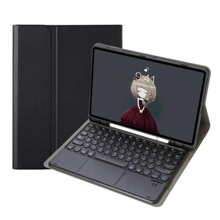 Bluetooth Keyboard Leather Case for Samsung Galaxy Tab S6 Lite shown in black with integrated Bluetooth keyboard and protective folio stand