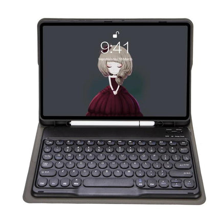 Lambskin Texture Bluetooth Keyboard Case for Samsung Galaxy Tab A8 10.5 shown open with tablet and separable keyboard, lambskin cover and pen holder
