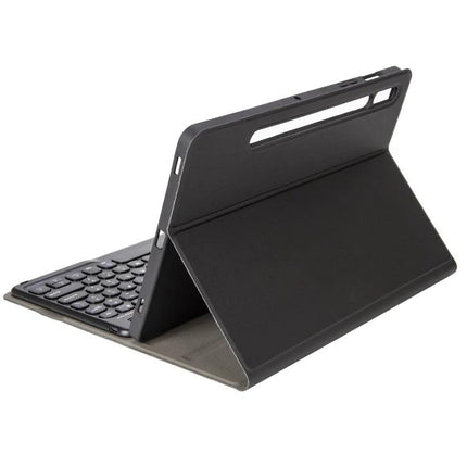 Lambskin Texture Bluetooth Keyboard Case for Samsung Galaxy Tab A8 10.5 shown in black folio stand with detachable keyboard