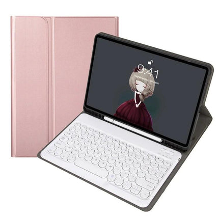 Lambskin Texture Bluetooth Keyboard Case for Samsung Galaxy Tab A8 10.5 in rose gold with detachable white keyboard and folio stand, protective cover