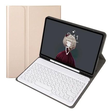 Lambskin Texture Bluetooth Keyboard Case for Samsung Galaxy Tab A8 10.5 shown in beige with detachable white Bluetooth keyboard and tablet stand