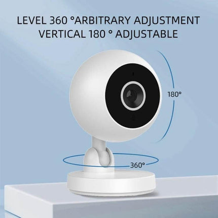 Home Security WiFi Camera with Night Vision and HD Video showing white 360° rotating indoor camera with 180° vertical tilt and mobile remote viewing features