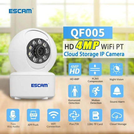 ESCAM Indoor WiFi Pan-Tilt Security Camera for Home Monitoring showing 4MP HD indoor PT camera with motion detection, night vision and cloud storage